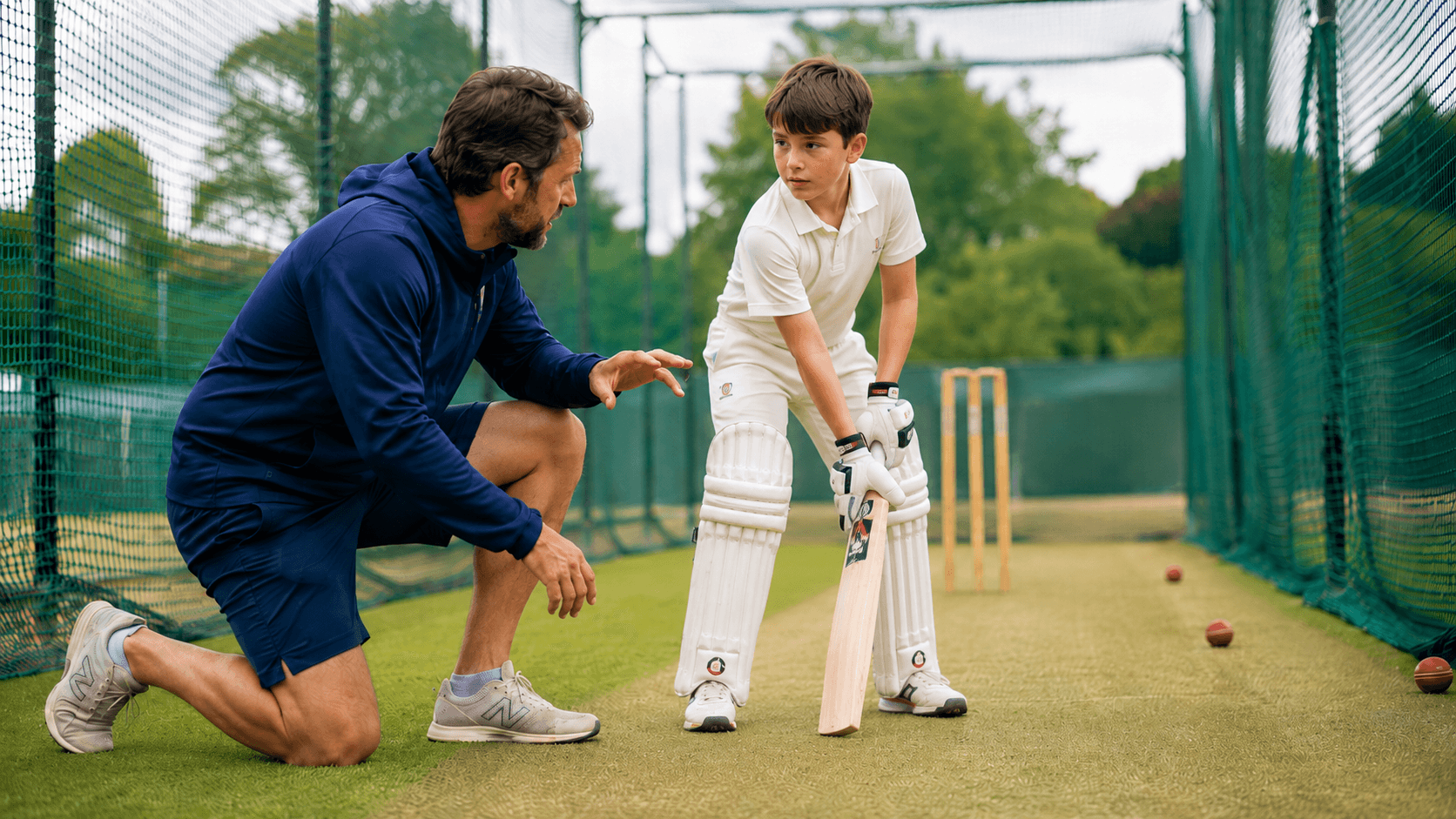 Cricket coach working with a young player in a practice net